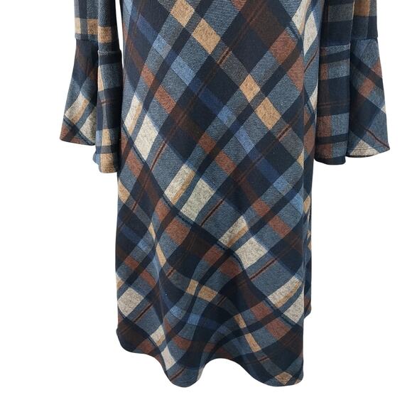 JH! BOLD PLAID NAVY, RUST, WHITE BELL SLEEVE SHIFT STYLE DRESS, SO PRETTY! SZ 8 - Picture 4 of 10